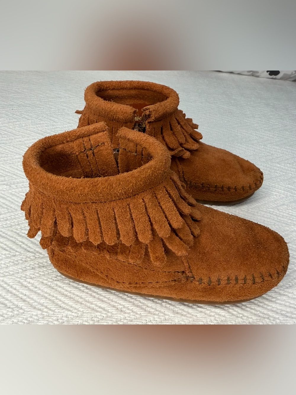 Minnetonka Leather 1292 Brown Double Fringe Bootie Moccasin Size 5 kids Side Zip